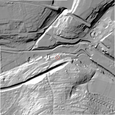 Shaded relief map of the ground around GL53JG, computed from Environment Agency LiDAR. The ground here sits at about 44 m above sea level and falls 63 m across the surrounding 800 m. Surface water reaching this point runs off ground lying to the south-west, 18.3 m higher.