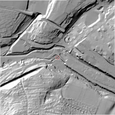Shaded relief map of the ground around GL53JS, computed from Environment Agency LiDAR. The ground here sits at about 39 m above sea level and falls 58 m across the surrounding 800 m. Surface water reaching this point runs off ground lying to the south-south-west, 55.8 m higher.