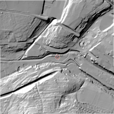 Shaded relief map of the ground around GL53JT, computed from Environment Agency LiDAR. The ground here sits at about 40 m above sea level and falls 55 m across the surrounding 800 m. Surface water reaching this point runs off ground lying to the north-north-east, 24.3 m higher.
