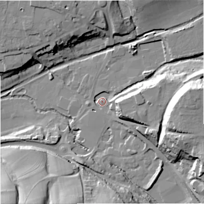 Shaded relief map of the ground around GL53LB, computed from Environment Agency LiDAR. The ground here sits at about 34 m above sea level and falls 33 m across the surrounding 800 m. Surface water reaching this point runs off ground lying to the east, 32.0 m higher.