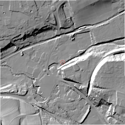 Shaded relief map of the ground around GL53LH, computed from Environment Agency LiDAR. The ground here sits at about 35 m above sea level and falls 33 m across the surrounding 800 m. Surface water reaching this point runs off ground lying to the east, 32.0 m higher.