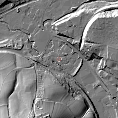 Shaded relief map of the ground around GL53NH, computed from Environment Agency LiDAR. The ground here sits at about 36 m above sea level and falls 56 m across the surrounding 800 m. Surface water reaching this point runs off ground lying to the south-south-west, 53.0 m higher.