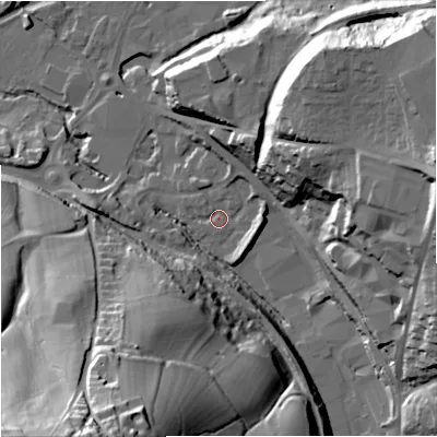 Shaded relief map of the ground around GL53NJ, computed from Environment Agency LiDAR. The ground here sits at about 36 m above sea level and falls 61 m across the surrounding 800 m. Surface water reaching this point runs off ground lying to the east-north-east, 33.1 m higher.