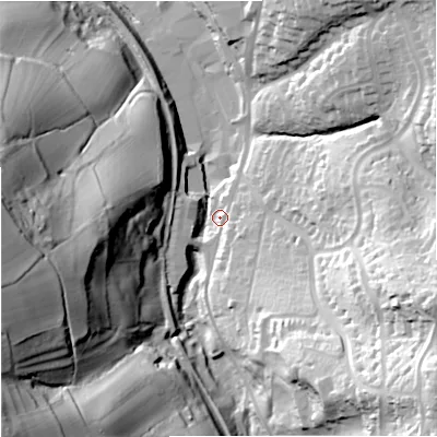 Shaded relief map of the ground around GL53NX, computed from Environment Agency LiDAR. The ground here sits at about 43 m above sea level and falls 68 m across the surrounding 800 m. Surface water reaching this point runs off ground lying to the west, 40.8 m higher.