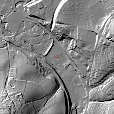 Shaded relief map of the ground around GL53QG, computed from Environment Agency LiDAR. The ground here sits at about 36 m above sea level and falls 79 m across the surrounding 800 m. Surface water reaching this point runs off ground lying to the east-north-east, 36.5 m higher.