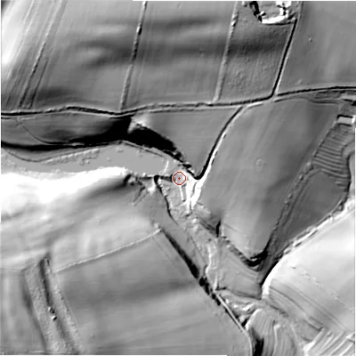 Shaded relief map of the ground around GL541EP, computed from Environment Agency LiDAR. The ground here sits at about 156 m above sea level and falls 61 m across the surrounding 800 m. Surface water reaching this point runs off ground lying to the north-north-east, 57.0 m higher.