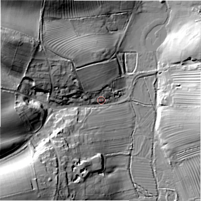 Shaded relief map of the ground around GL541LF, computed from Environment Agency LiDAR. The ground here sits at about 149 m above sea level and falls 37 m across the surrounding 800 m. Surface water reaching this point runs off ground lying to the south-west, 33.6 m higher.