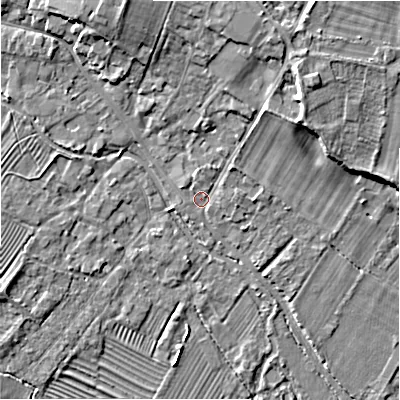 Shaded relief map of the ground around GL542AD, computed from Environment Agency LiDAR. The ground here sits at about 129 m above sea level and falls 9 m across the surrounding 800 m. Surface water reaching this point runs off ground lying to the north-east, 7.1 m higher.