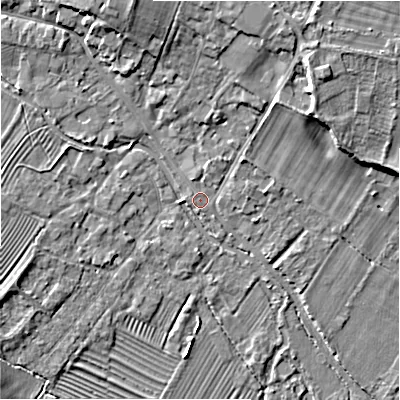 Shaded relief map of the ground around GL542AE, computed from Environment Agency LiDAR. The ground here sits at about 129 m above sea level and falls 9 m across the surrounding 800 m. Surface water reaching this point runs off ground lying to the north-east, 7.1 m higher.