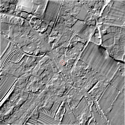 Shaded relief map of the ground around GL542AJ, computed from Environment Agency LiDAR. The ground here sits at about 129 m above sea level and falls 9 m across the surrounding 800 m. Surface water reaching this point runs off ground lying to the north-north-west, 7.5 m higher.