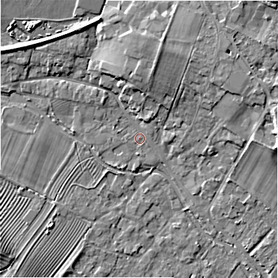 Shaded relief map of the ground around GL542AP, computed from Environment Agency LiDAR. The ground here sits at about 130 m above sea level and falls 10 m across the surrounding 800 m. Surface water reaching this point runs off ground lying to the west-north-west, 7.5 m higher.