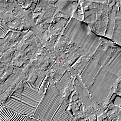 Shaded relief map of the ground around GL542AS, computed from Environment Agency LiDAR. The ground here sits at about 128 m above sea level and falls 10 m across the surrounding 800 m. Surface water reaching this point runs off ground lying to the north-north-east, 7.9 m higher.