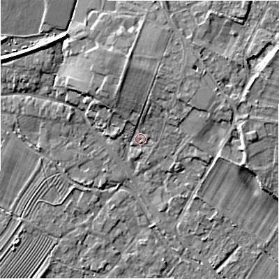 Shaded relief map of the ground around GL542AX, computed from Environment Agency LiDAR. The ground here sits at about 131 m above sea level and falls 8 m across the surrounding 800 m. Surface water reaching this point runs off ground lying to the north-north-east, 5.3 m higher.