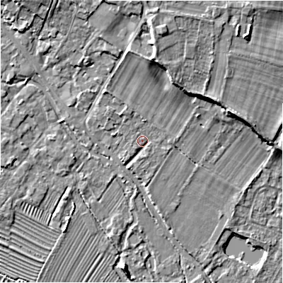 Shaded relief map of the ground around GL542AY, computed from Environment Agency LiDAR. The ground here sits at about 129 m above sea level and falls 10 m across the surrounding 800 m. Surface water reaching this point runs off ground lying to the north-north-west, 1.3 m higher.