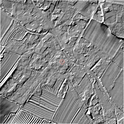 Shaded relief map of the ground around GL542BL, computed from Environment Agency LiDAR. The ground here sits at about 129 m above sea level and falls 9 m across the surrounding 800 m. The ground contributing surface water to this point lies to the north-west.