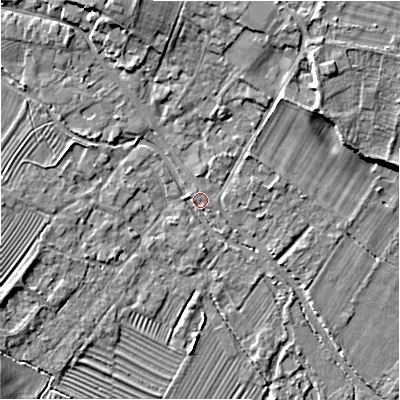 Shaded relief map of the ground around GL542BP, computed from Environment Agency LiDAR. The ground here sits at about 129 m above sea level and falls 9 m across the surrounding 800 m. Surface water reaching this point runs off ground lying to the north-north-east, 7.3 m higher.