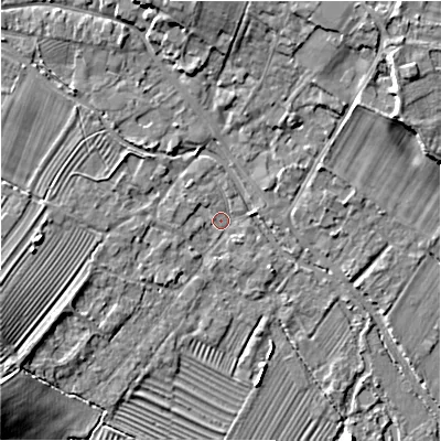 Shaded relief map of the ground around GL542BS, computed from Environment Agency LiDAR. The ground here sits at about 129 m above sea level and falls 13 m across the surrounding 800 m. Surface water reaching this point runs off ground lying to the west-south-west, 2.6 m higher.