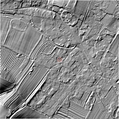 Shaded relief map of the ground around GL542DA, computed from Environment Agency LiDAR. The ground here sits at about 130 m above sea level and falls 25 m across the surrounding 800 m. Surface water reaching this point runs off ground lying to the south-west, 19.5 m higher.