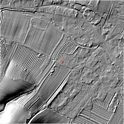 Shaded relief map of the ground around GL542DD, computed from Environment Agency LiDAR. The ground here sits at about 131 m above sea level and falls 29 m across the surrounding 800 m. Surface water reaching this point runs off ground lying to the south-west, 26.0 m higher.