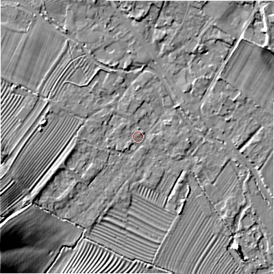 Shaded relief map of the ground around GL542DH, computed from Environment Agency LiDAR. The ground here sits at about 130 m above sea level and falls 19 m across the surrounding 800 m. Surface water reaching this point runs off ground lying to the west, 2.2 m higher.