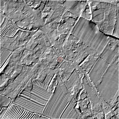 Shaded relief map of the ground around GL542DP, computed from Environment Agency LiDAR. The ground here sits at about 129 m above sea level and falls 9 m across the surrounding 800 m. Surface water reaching this point runs off ground lying to the north-north-east, 6.4 m higher.