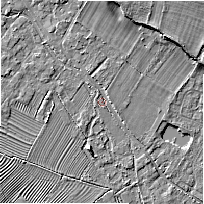 Shaded relief map of the ground around GL542DR, computed from Environment Agency LiDAR. The ground here sits at about 128 m above sea level and falls 10 m across the surrounding 800 m. Surface water reaching this point runs off ground lying to the north, 7.7 m higher.