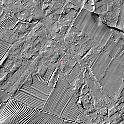 Shaded relief map of the ground around GL542DW, computed from Environment Agency LiDAR. The ground here sits at about 129 m above sea level and falls 9 m across the surrounding 800 m. Surface water reaching this point runs off ground lying to the south-west, 5.7 m higher.