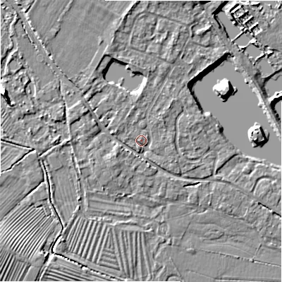 Shaded relief map of the ground around GL542EA, computed from Environment Agency LiDAR. The ground here sits at about 127 m above sea level and falls 8 m across the surrounding 800 m. Surface water reaching this point runs off ground lying to the north-north-west, 1.3 m higher.