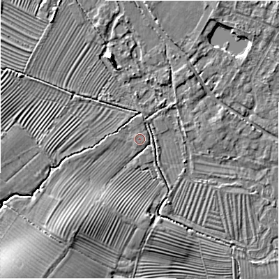 Shaded relief map of the ground around GL542EE, computed from Environment Agency LiDAR. The ground here sits at about 127 m above sea level and falls 13 m across the surrounding 800 m. Surface water reaching this point runs off ground lying to the south-west, 7.0 m higher.