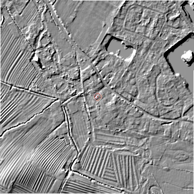 Shaded relief map of the ground around GL542EF, computed from Environment Agency LiDAR. The ground here sits at about 127 m above sea level and falls 9 m across the surrounding 800 m. Surface water reaching this point runs off ground lying to the north-north-west, 1.7 m higher.
