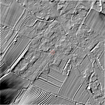 Shaded relief map of the ground around GL542EQ, computed from Environment Agency LiDAR. The ground here sits at about 130 m above sea level and falls 19 m across the surrounding 800 m. Surface water reaching this point runs off ground lying to the west, 1.4 m higher.