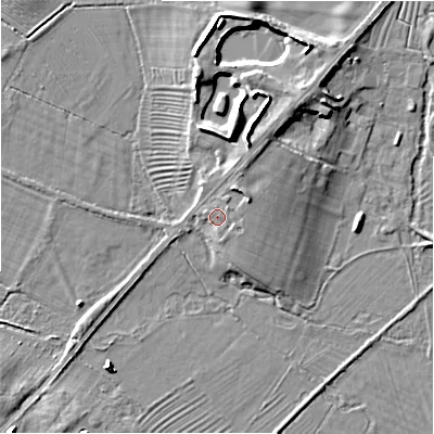 Shaded relief map of the ground around GL542FD, computed from Environment Agency LiDAR. The ground here sits at about 136 m above sea level and falls 11 m across the surrounding 800 m. Surface water reaching this point runs off ground lying to the east-north-east, 3.3 m higher.