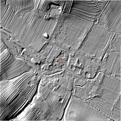 Shaded relief map of the ground around GL542HR, computed from Environment Agency LiDAR. The ground here sits at about 137 m above sea level and falls 29 m across the surrounding 800 m. Surface water reaching this point runs off ground lying to the north, 1.9 m higher.