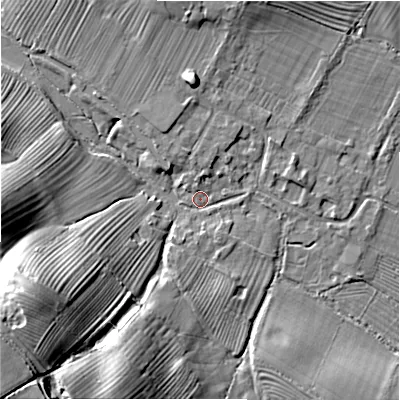 Shaded relief map of the ground around GL542HS, computed from Environment Agency LiDAR. The ground here sits at about 137 m above sea level and falls 37 m across the surrounding 800 m. Surface water reaching this point runs off ground lying to the south-west, 35.3 m higher.