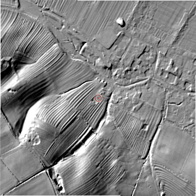 Shaded relief map of the ground around GL542HT, computed from Environment Agency LiDAR. The ground here sits at about 139 m above sea level and falls 45 m across the surrounding 800 m. Surface water reaching this point runs off ground lying to the south-west, 41.0 m higher.