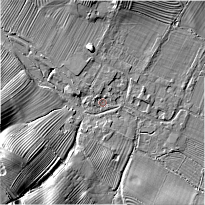 Shaded relief map of the ground around GL542HU, computed from Environment Agency LiDAR. The ground here sits at about 137 m above sea level and falls 34 m across the surrounding 800 m. Surface water reaching this point runs off ground lying to the north-north-west, 1.7 m higher.