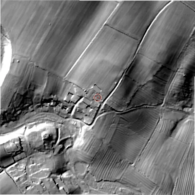 Shaded relief map of the ground around GL542JA, computed from Environment Agency LiDAR. The ground here sits at about 161 m above sea level and falls 62 m across the surrounding 800 m. Surface water reaching this point runs off ground lying to the north-east, 12.4 m higher.