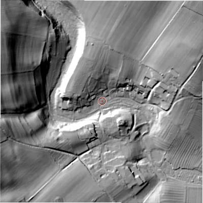 Shaded relief map of the ground around GL542JB, computed from Environment Agency LiDAR. The ground here sits at about 142 m above sea level and falls 56 m across the surrounding 800 m. Surface water reaching this point runs off ground lying to the west-south-west, 43.9 m higher.