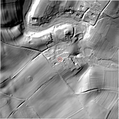 Shaded relief map of the ground around GL542JG, computed from Environment Agency LiDAR. The ground here sits at about 154 m above sea level and falls 62 m across the surrounding 800 m. Surface water reaching this point runs off ground lying to the south-west, 6.3 m higher.