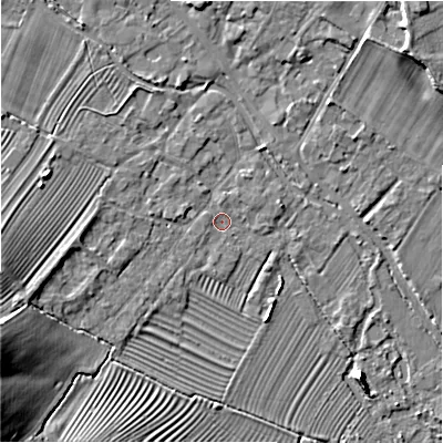 Shaded relief map of the ground around GL542LA, computed from Environment Agency LiDAR. The ground here sits at about 129 m above sea level and falls 15 m across the surrounding 800 m. Surface water reaching this point runs off ground lying to the west-south-west, 0.9 m higher.