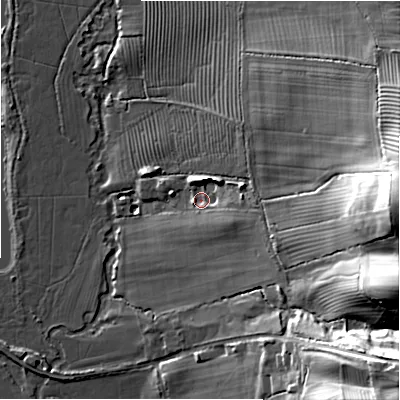 Shaded relief map of the ground around GL542PD, computed from Environment Agency LiDAR. The ground here sits at about 129 m above sea level and falls 37 m across the surrounding 800 m. Surface water reaching this point runs off ground lying to the east-north-east, 5.4 m higher.