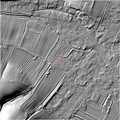 Shaded relief map of the ground around GL542PP, computed from Environment Agency LiDAR. The ground here sits at about 131 m above sea level and falls 26 m across the surrounding 800 m. Surface water reaching this point runs off ground lying to the south-west, 23.7 m higher.