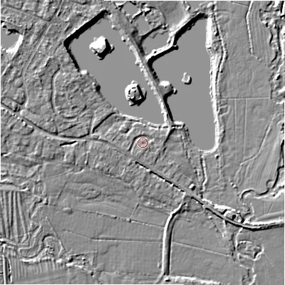 Shaded relief map of the ground around GL542PS, computed from Environment Agency LiDAR. The ground here sits at about 126 m above sea level and falls 6 m across the surrounding 800 m. Surface water reaching this point runs off ground lying to the west-south-west, 0.8 m higher.