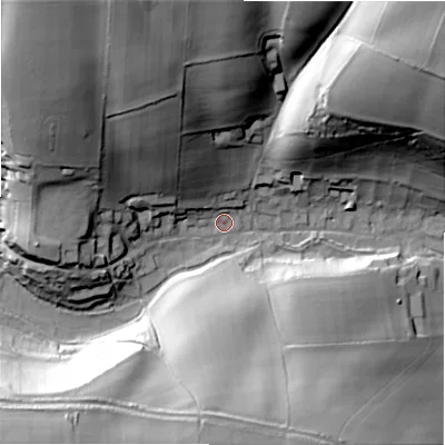 Shaded relief map of the ground around GL543AA, computed from Environment Agency LiDAR. The ground here sits at about 152 m above sea level and falls 58 m across the surrounding 800 m. Surface water reaching this point runs off ground lying to the north-west, 51.4 m higher.