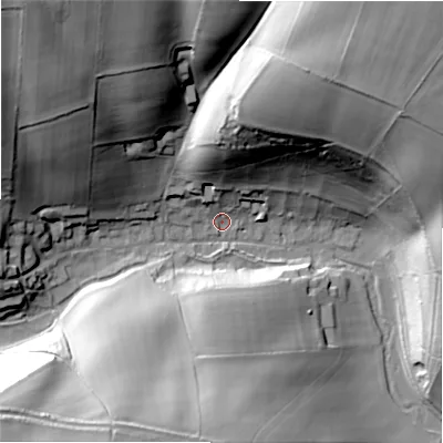 Shaded relief map of the ground around GL543AD, computed from Environment Agency LiDAR. The ground here sits at about 151 m above sea level and falls 60 m across the surrounding 800 m. Surface water reaching this point runs off ground lying to the north-north-east, 48.6 m higher.
