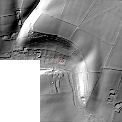 Shaded relief map of the ground around GL543AF, computed from Environment Agency LiDAR. The ground here sits at about 150 m above sea level and falls 60 m across the surrounding 800 m. Surface water reaching this point runs off ground lying to the north-north-east, 58.6 m higher.