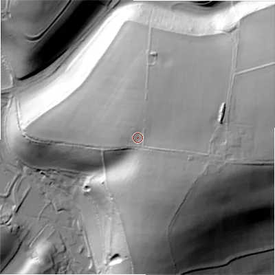 Shaded relief map of the ground around GL543AG, computed from Environment Agency LiDAR. The ground here sits at about 192 m above sea level and falls 58 m across the surrounding 800 m. Surface water reaching this point runs off ground lying to the east, 11.8 m higher.