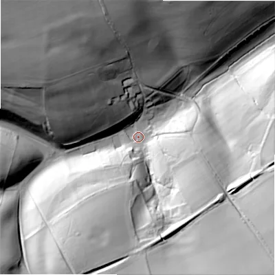 Shaded relief map of the ground around GL543AH, computed from Environment Agency LiDAR. The ground here sits at about 172 m above sea level and falls 59 m across the surrounding 800 m. Surface water reaching this point runs off ground lying to the south-east, 49.1 m higher.