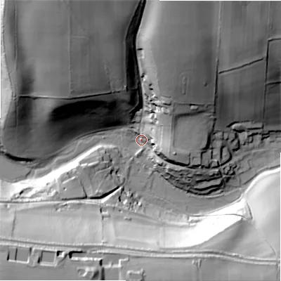 Shaded relief map of the ground around GL543AT, computed from Environment Agency LiDAR. The ground here sits at about 156 m above sea level and falls 61 m across the surrounding 800 m. Surface water reaching this point runs off ground lying to the south-west, 58.9 m higher.