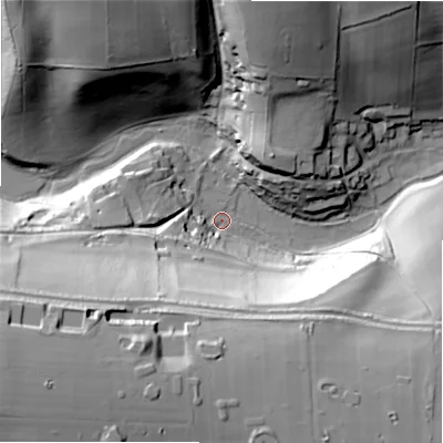 Shaded relief map of the ground around GL543AU, computed from Environment Agency LiDAR. The ground here sits at about 153 m above sea level and falls 62 m across the surrounding 800 m. Surface water reaching this point runs off ground lying to the south-west, 60.2 m higher.